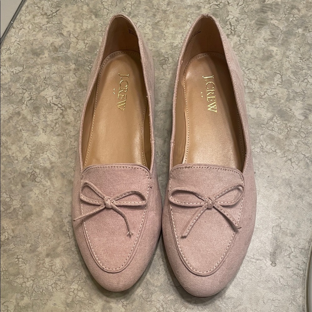 J. Crew Factory Beige Faux Suede Loafers with Bow Accent